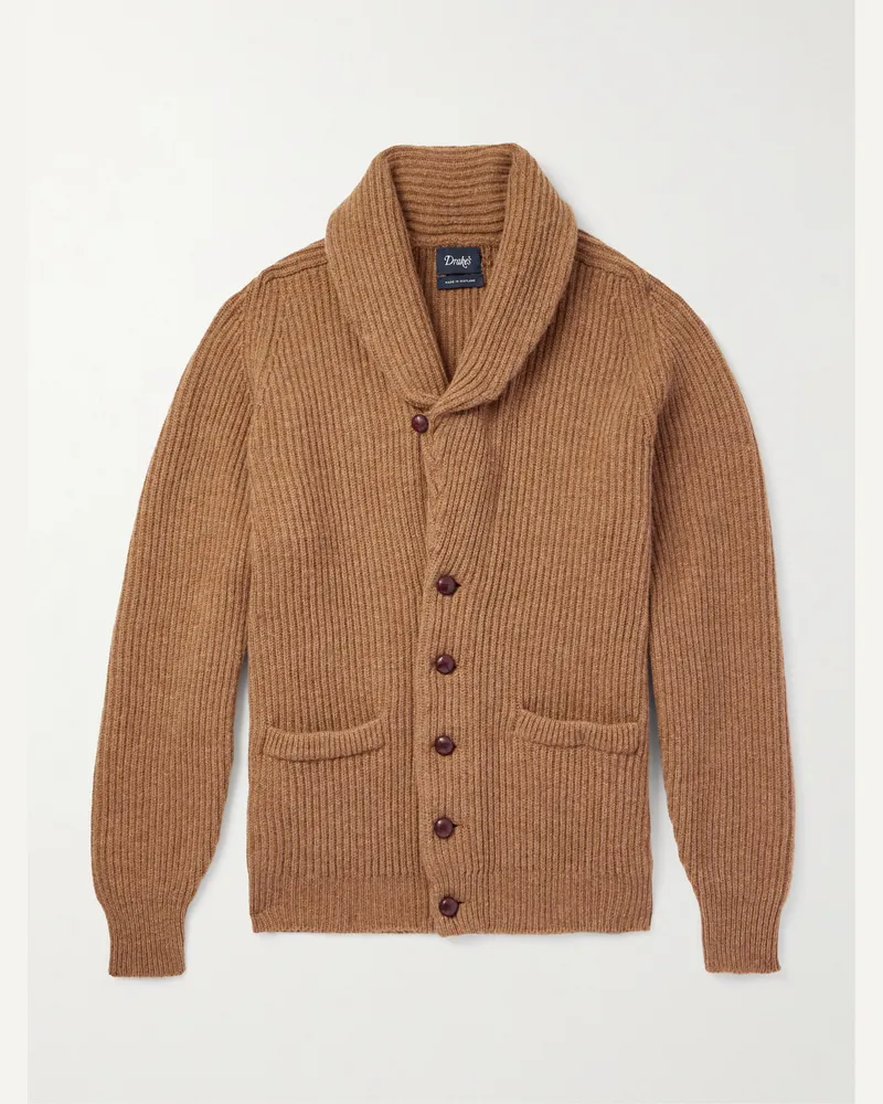 Drake's Schmal geschnittener Cardigan aus Wolle in Rippstrick mit Schalkragen Braun