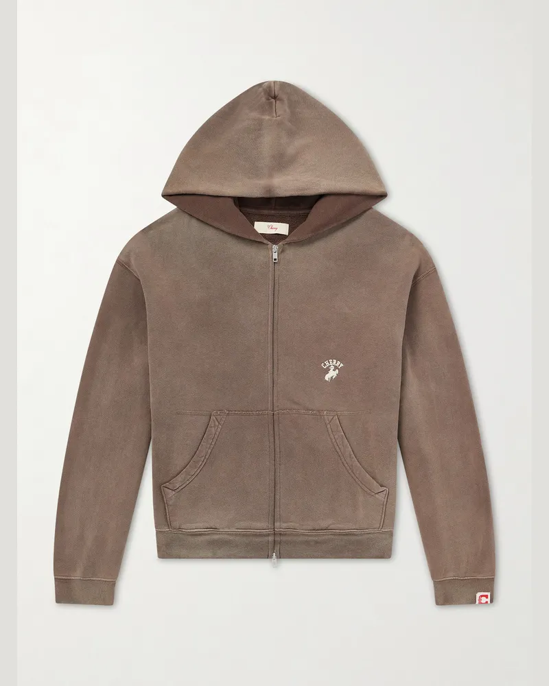 Cherry Los Angeles Logo-Embroidered Paint-Splattered Cotton-Jersey Hoodie Brown