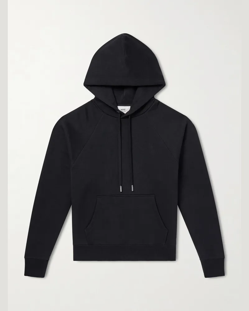 AMI Paris Logo-Embossed Cotton-Jersey Hoodie Black