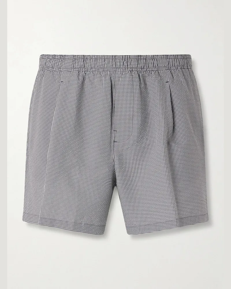 Our Legacy Boxer Trunk gerade geschnittene, mittellange Badeshorts aus kariertem Seersucker Grau