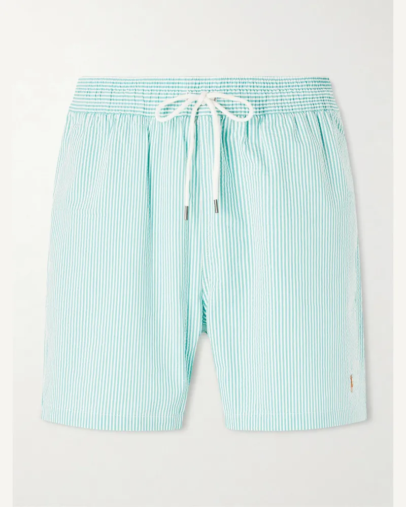 Ralph Lauren Traveler Straight-Leg Mid-Length Striped Cotton-Blend Seersucker Swim Shorts Green