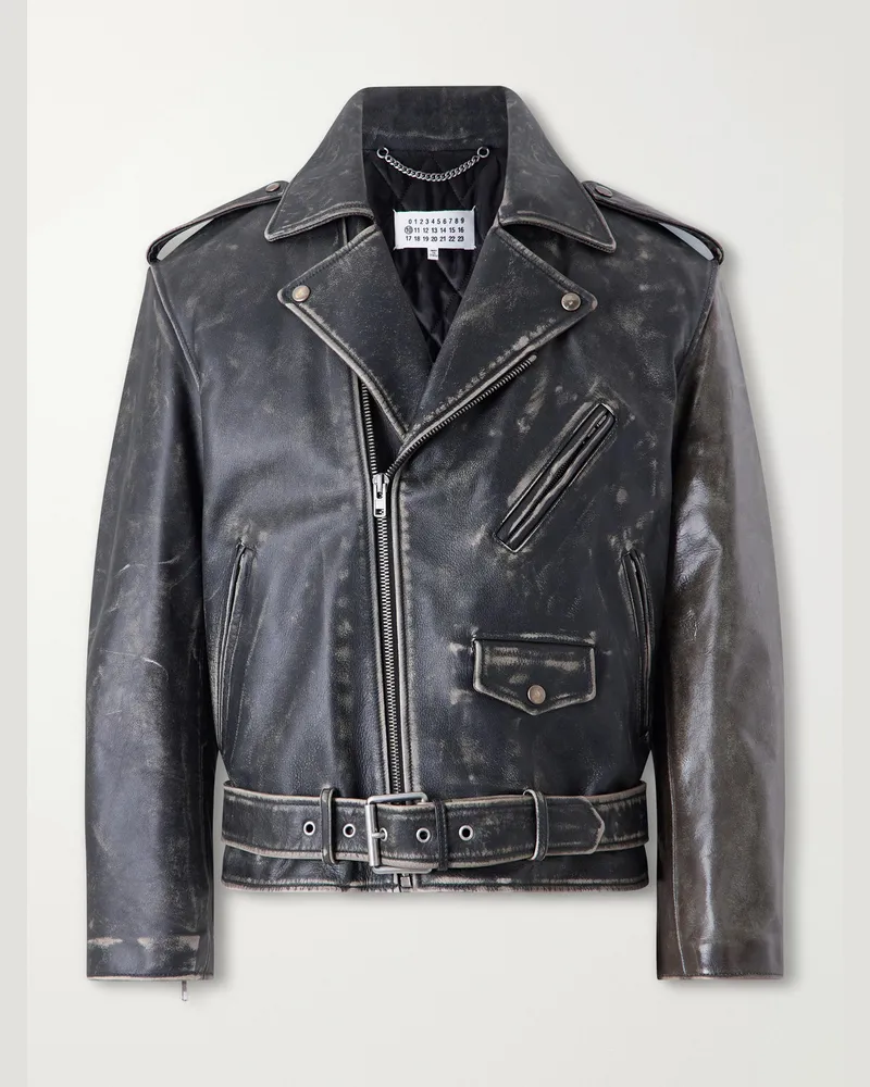 Maison Margiela Belted Distressed Leather Biker Jacket Brown