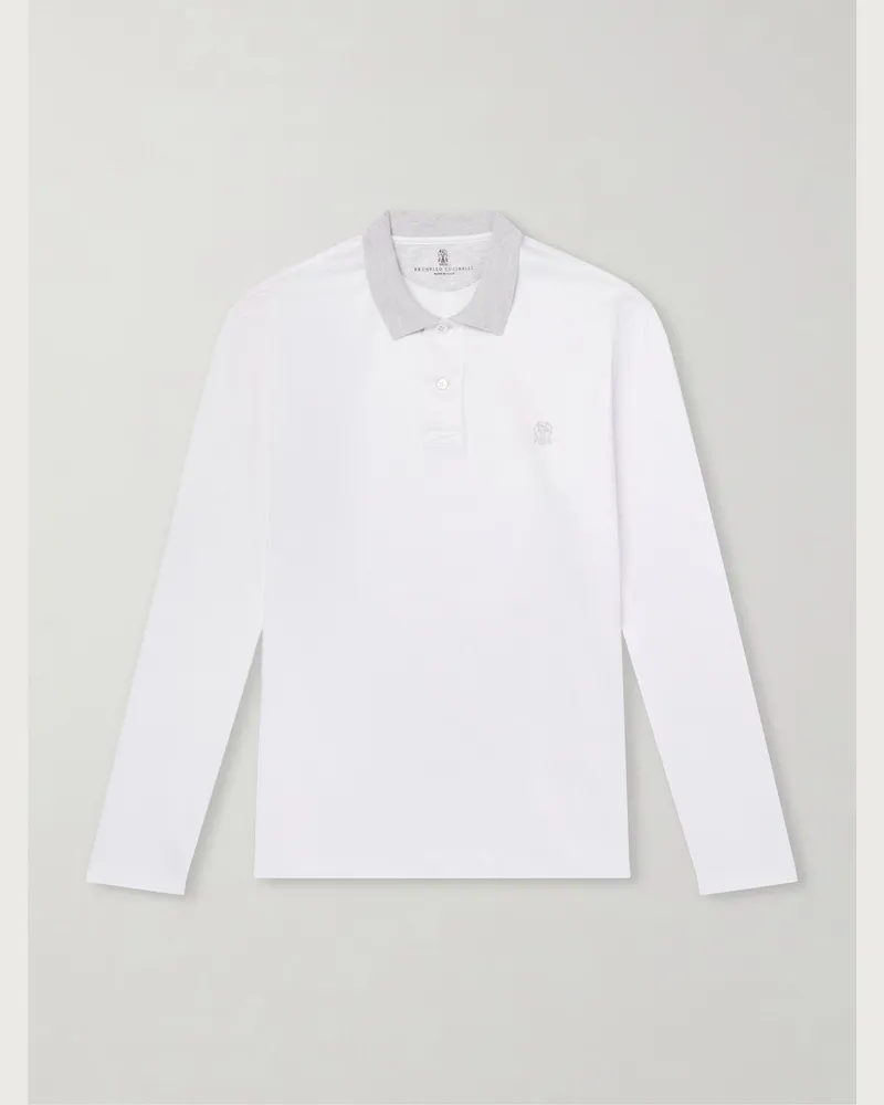 Brunello Cucinelli Logo-Appliquéd Cotton-Piqué Polo Shirt White