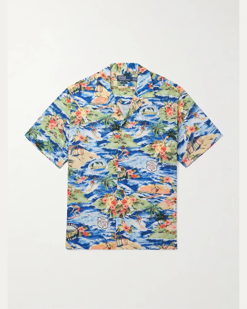 Ralph Lauren Clady Convertible-Collar Printed Poplin Shirt Blue