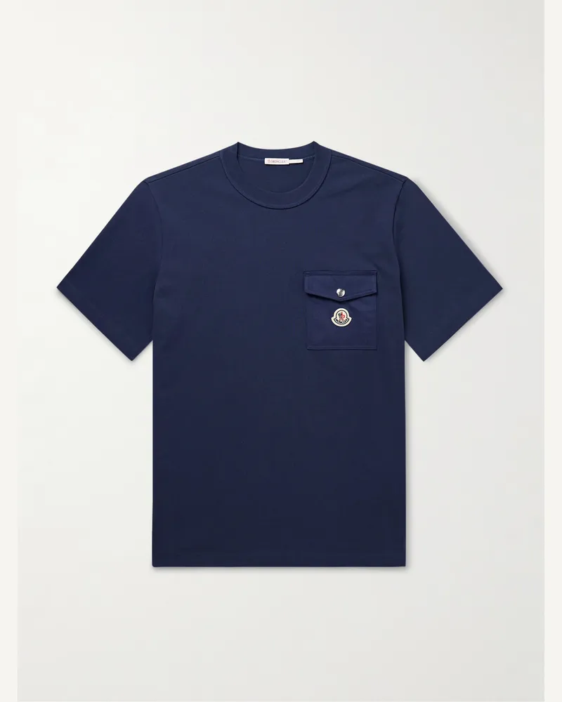 Moncler T-Shirt aus Baumwoll-Jersey mit Twill-Besatz und Logoapplikation Blau