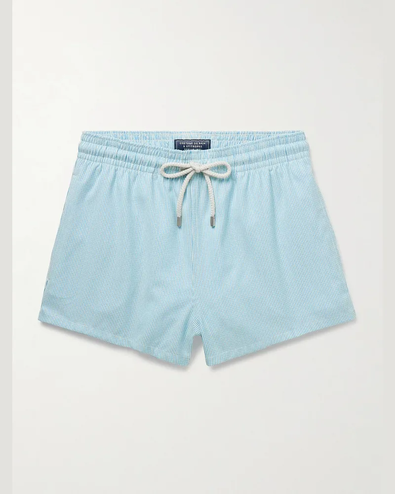 Vilebrequin Milton schmal geschnittene kurze Badeshorts aus einer Wollmischung mit Streifen Blau