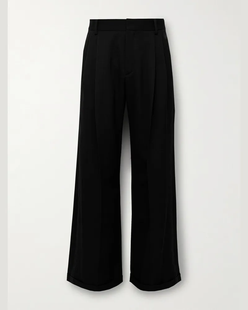 Saint Laurent Weit geschnittene Smokinghose aus Grain de Poudre aus Wolle mit Satinbesatz und Falten Schwarz