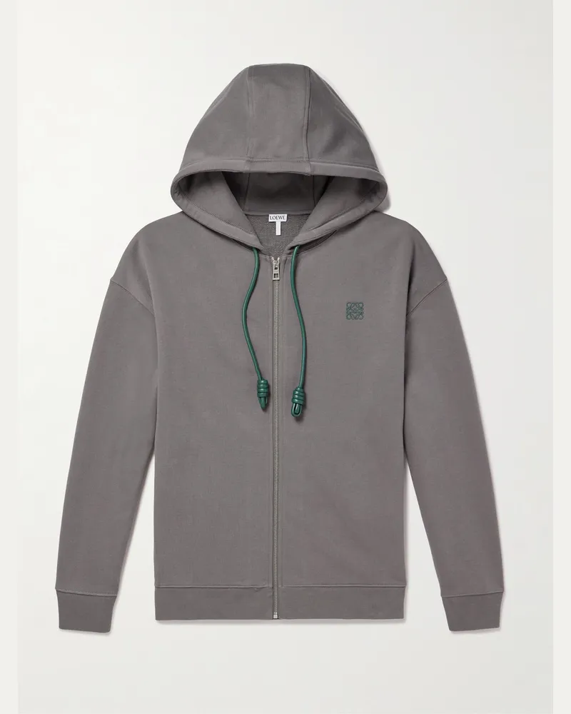 Loewe Logo-Embroidered Cotton-Jersey Zip-Up Hoodie Gray