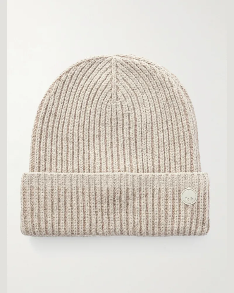 Folk Beanie aus einer Wollmischung in Rippstrick Neutral