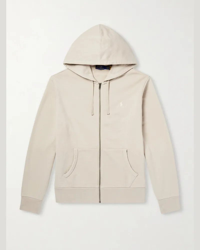 Ralph Lauren Logo-Embroidered Cotton-Jersey Zip-Up Hoodie Gray