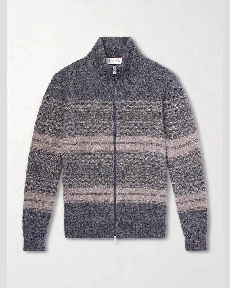 Brunello Cucinelli Alpaca-Blend Zip-Up Sweater Gray