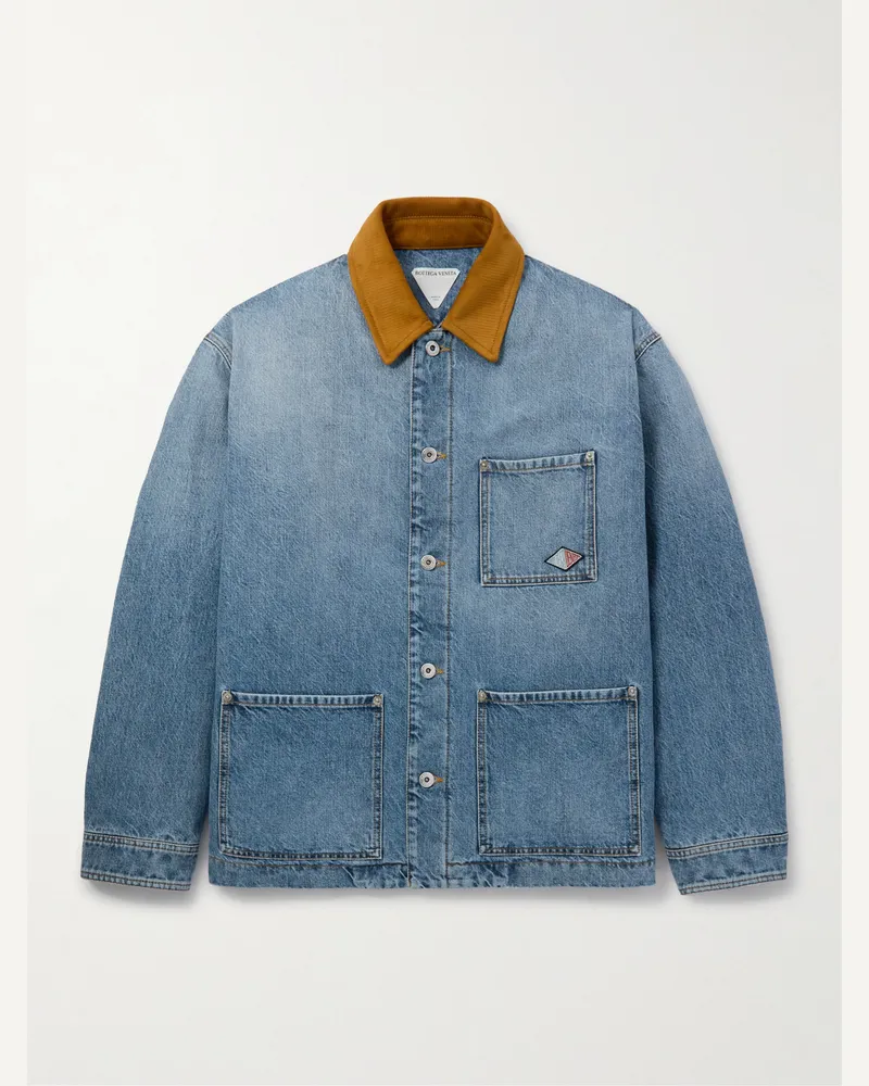 Bottega Veneta Jeansjacke mit Velourslederbesatz und Logoapplikation Blau
