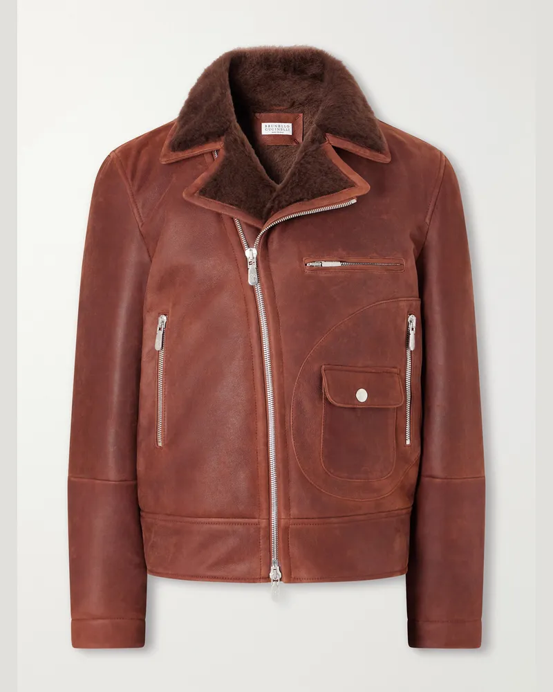 Brunello Cucinelli Shearling-Trimmed Leather Jacket Brown