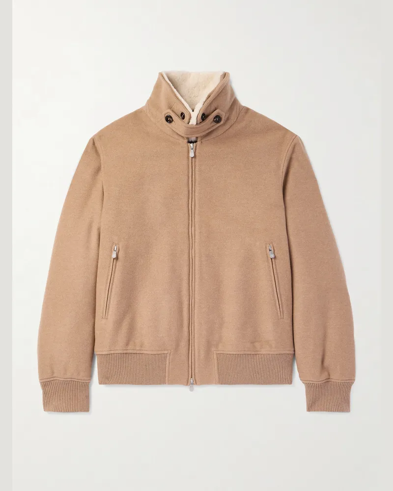 Brunello Cucinelli Bomberjacke aus Kaschmir mit Besatz aus Shearling-Imitat Neutral