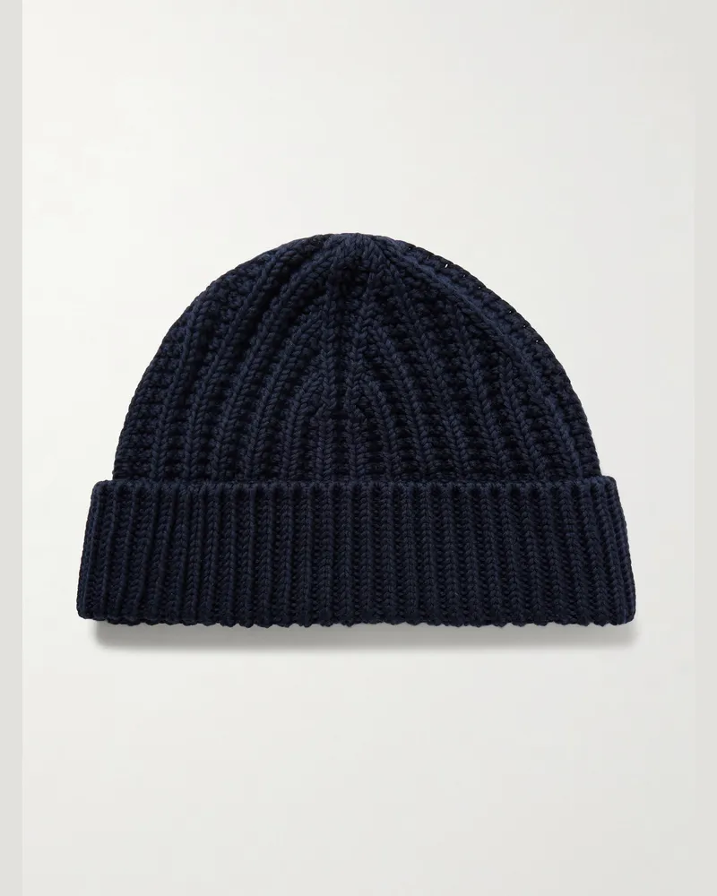 Loro Piana Moltrasio Beanie aus Baumwolle in Rippstrick Blau