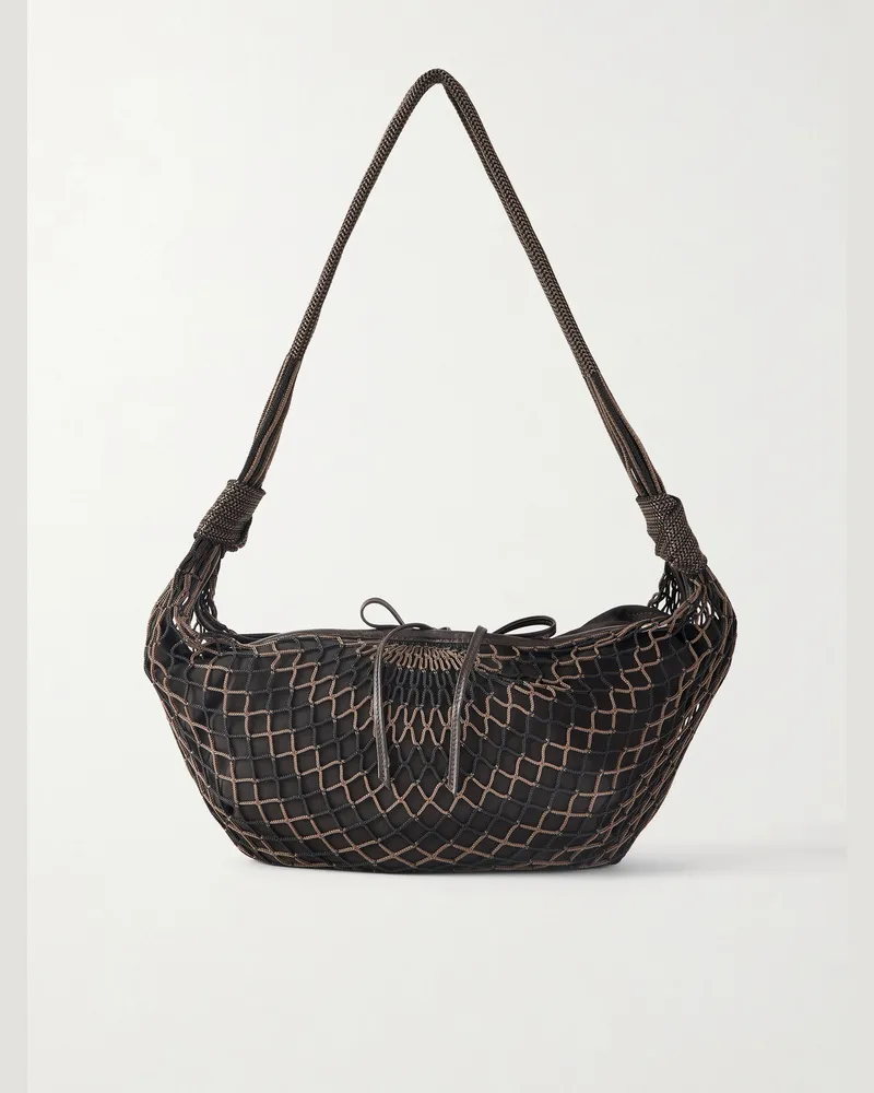 Christophe Lemaire Croissant Leather-Trimmed Fishnet Messenger Bag Brown