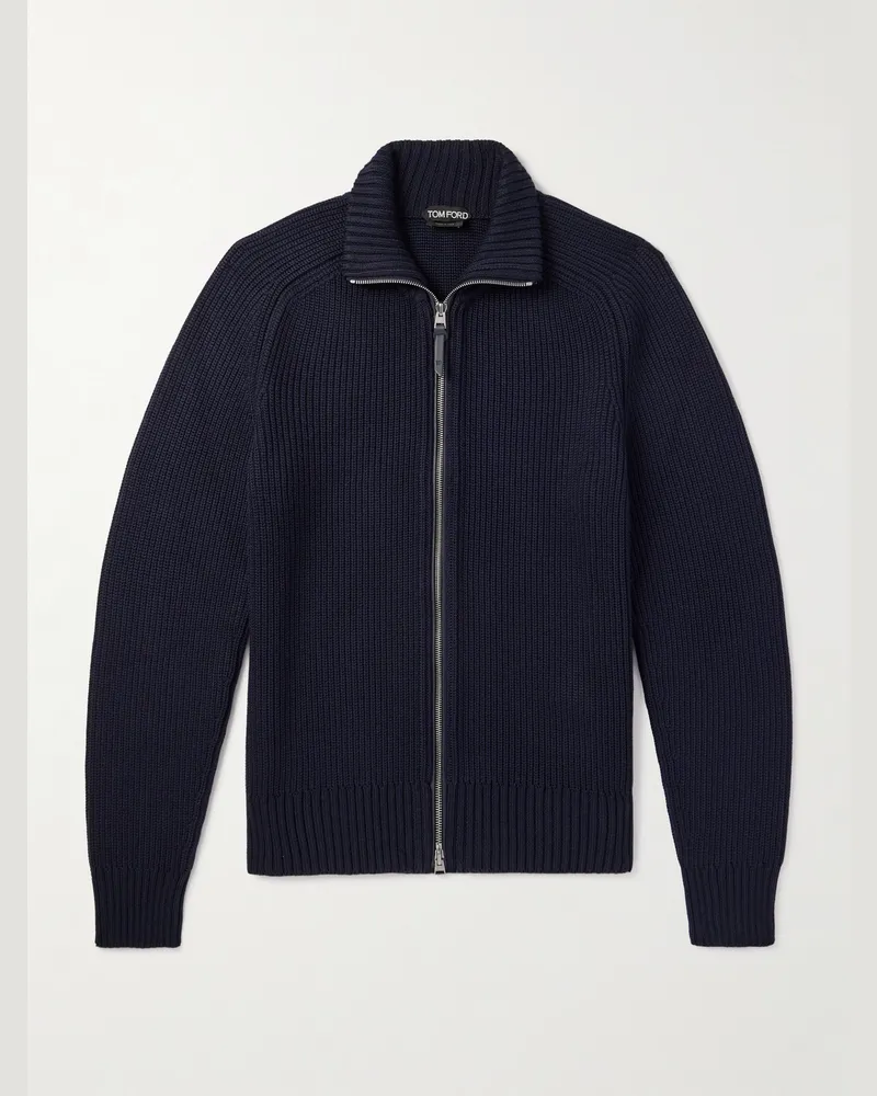 Tom Ford Schmal geschnittener Cardigan aus einer Seiden-Merinowollmischung in Rippstrick Blau