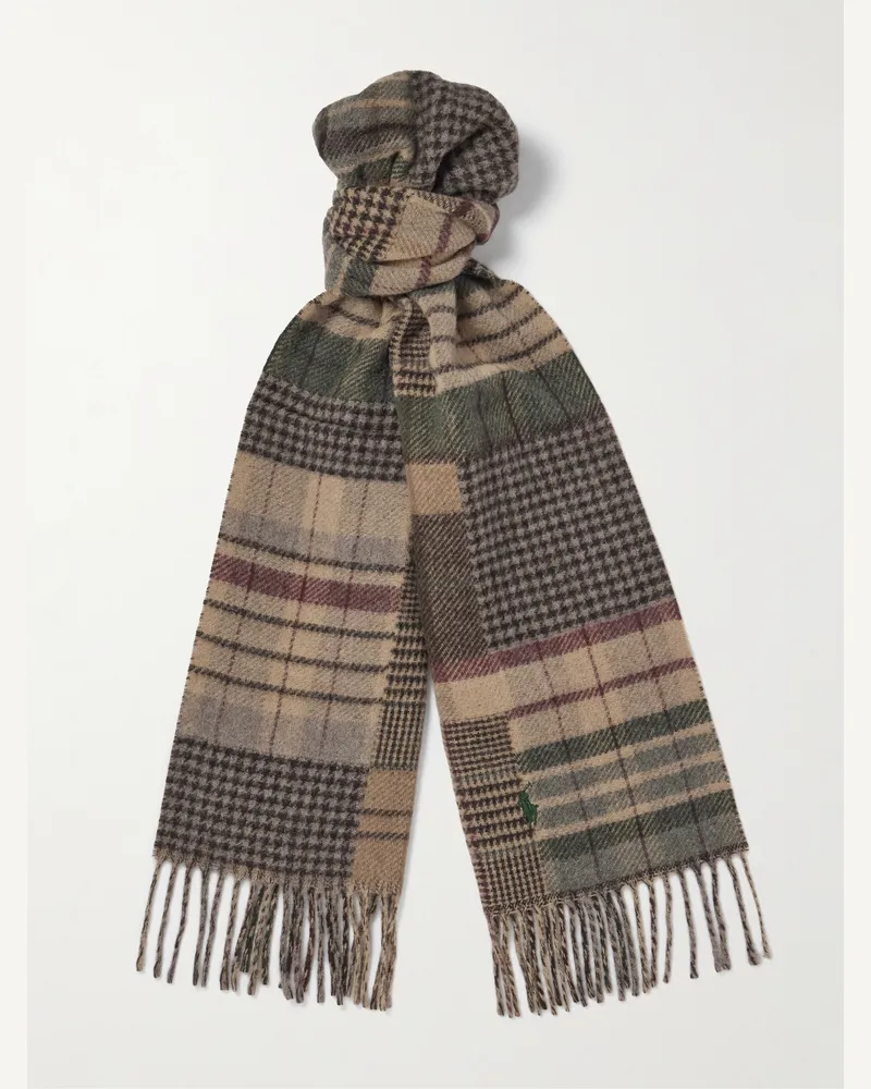 Ralph Lauren Karierter Schal aus einer Wollmischung mit recycelten Fasern, Logostickerei und Fransen in Patchwork-Optik Braun