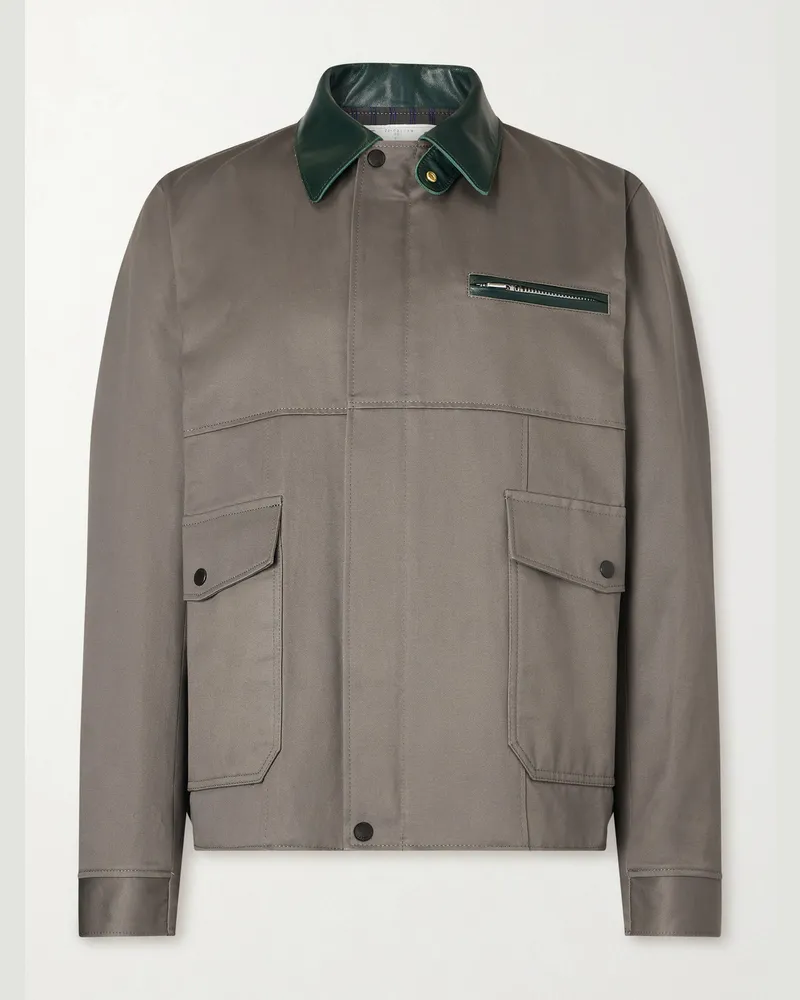 Sacai Leather-Trimmed Cotton-Twill Bomber Jacket Gray