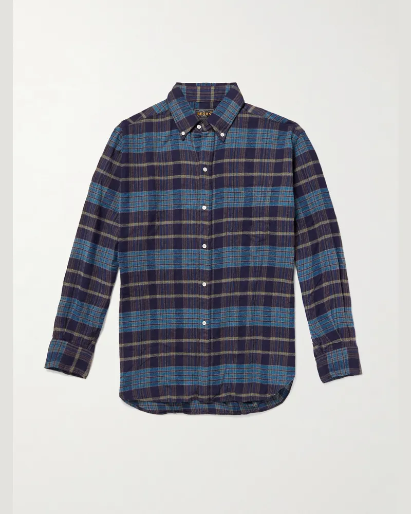Beams Plus Kariertes Hemd aus Wollflanell Blau