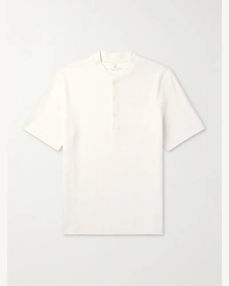 Brunello Cucinelli Henley Shirt aus einer gerippten Baumwoll-Leinenmischung Weiß