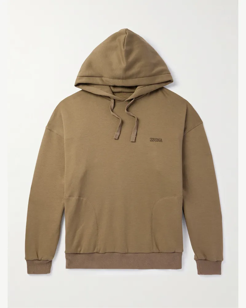Ermenegildo Zegna Logo-Embroidered Cotton-Blend Jersey Hoodie Brown