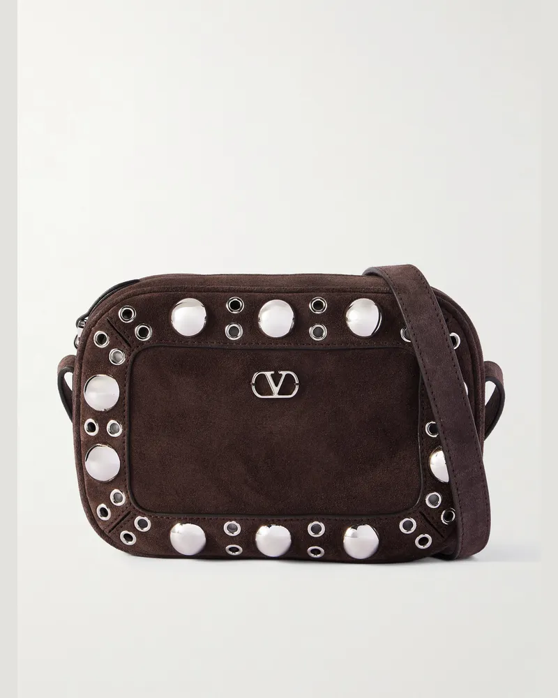 Valentino Garavani Nellcôte Embellished Suede Messenger Bag Brown