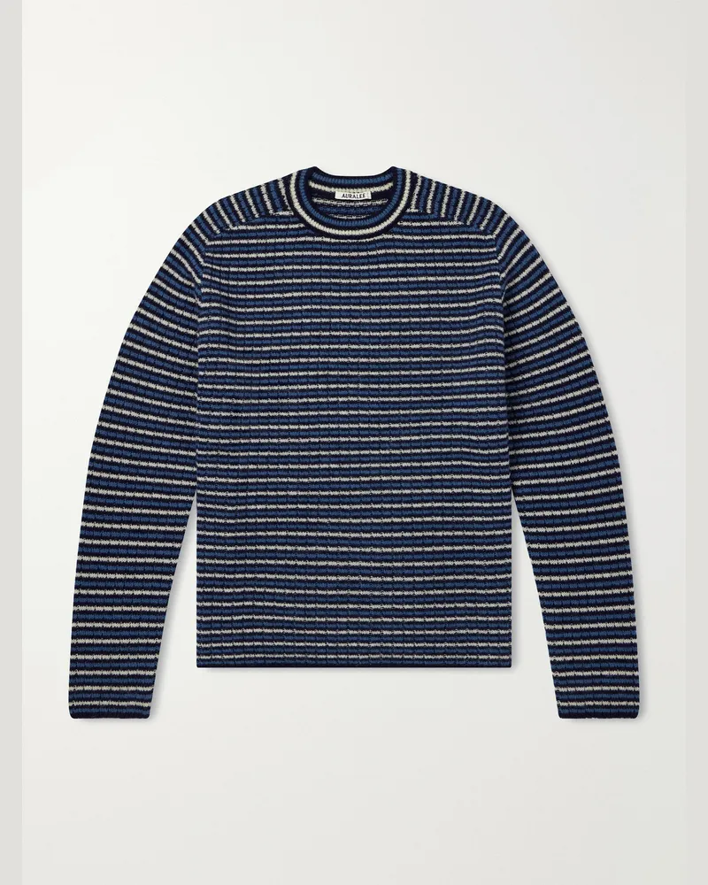 AURALEE Striped Ribbed Wool and Cashmere-Blend Sweater Blue