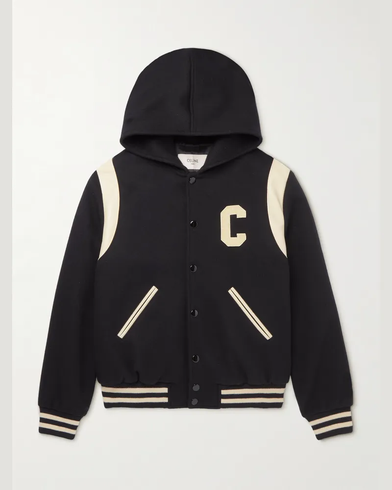 Celine Collegejacke aus einer Woll-Kaschmirmischung mit Applikation und Kapuze Schwarz
