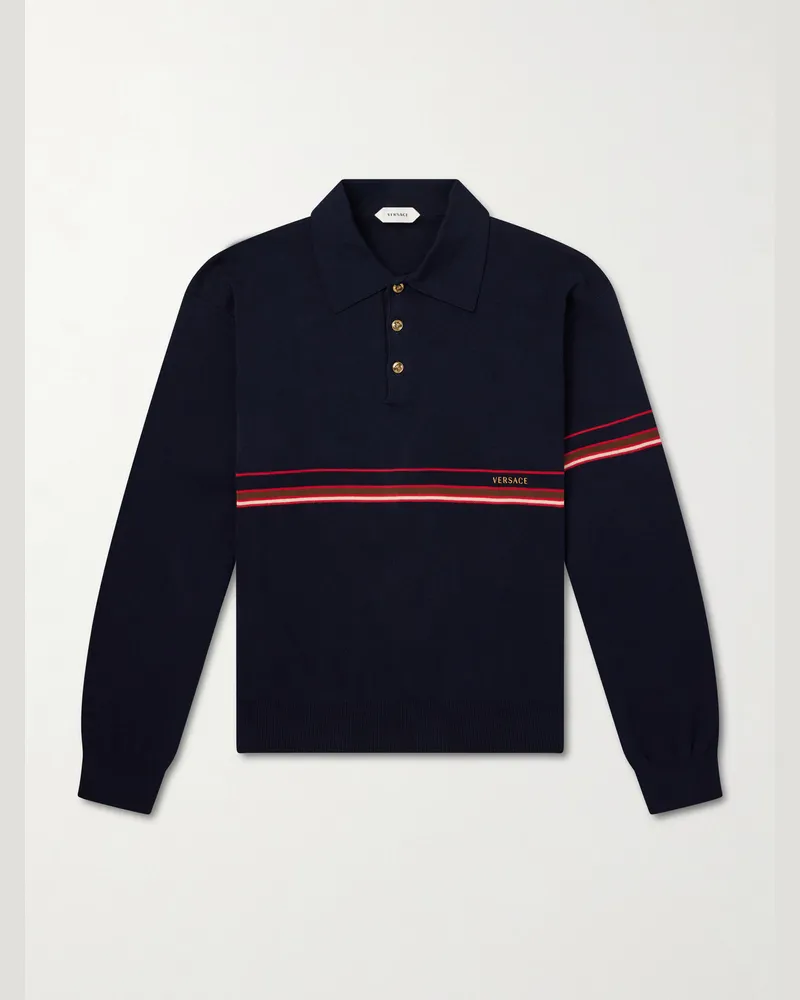 Versace Logo-Embroidered Striped Cotton Polo Sweater Blue