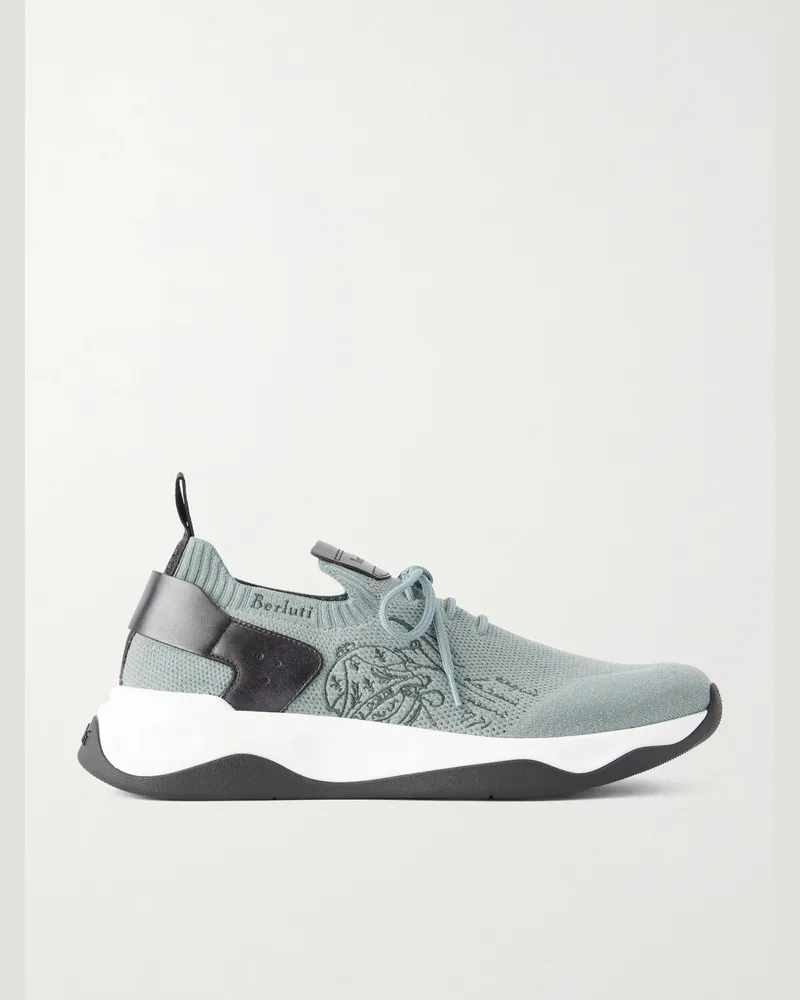 Berluti Shadow Leather-Trimmed Stretch-Knit Sneakers Blue