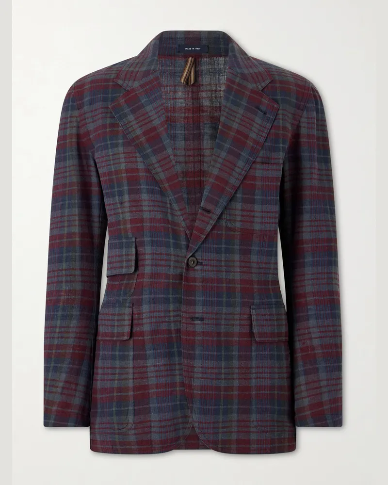 Drake's Madras Games Checked Linen-Blend Blazer Blue