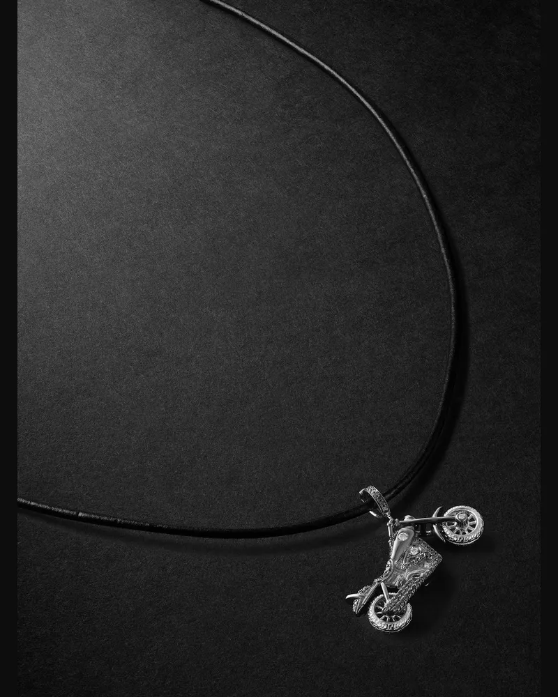 Annoushka Motorbike 18-Karat White Gold and Leather Pendant Necklace Black