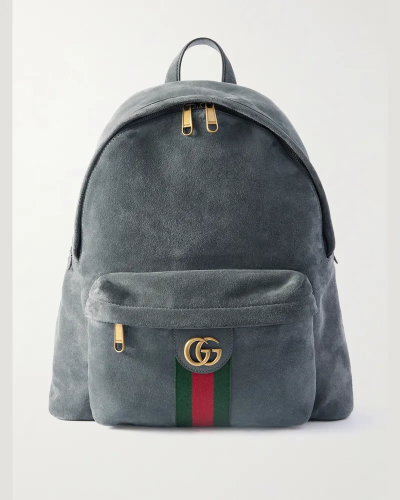 Gucci September Logo-Appliquéd Canvas-Trimmed Suede Backpack Gray