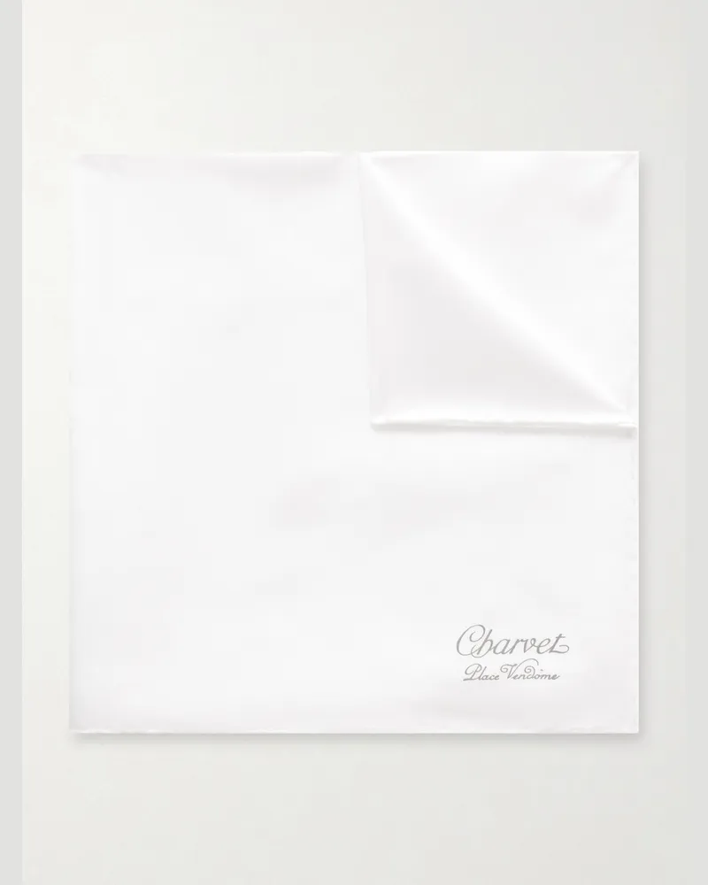 Charvet Logo-Print Silk Pocket Square White