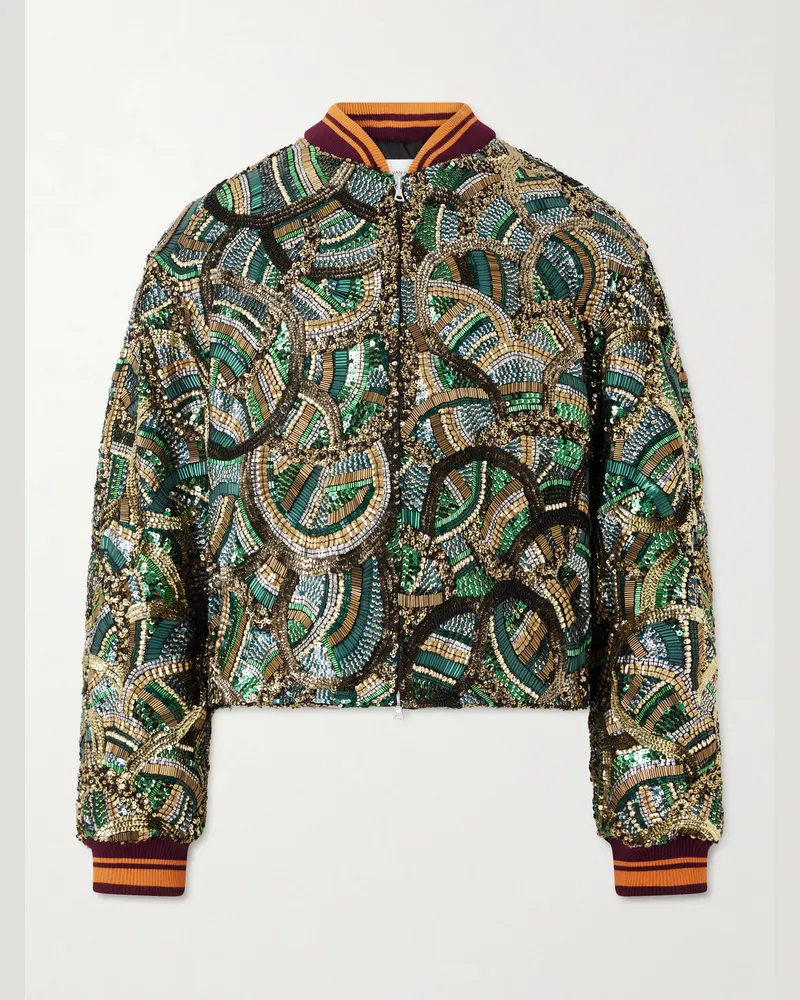 Dries van Noten Embellished Satin Bomber Jacket Green