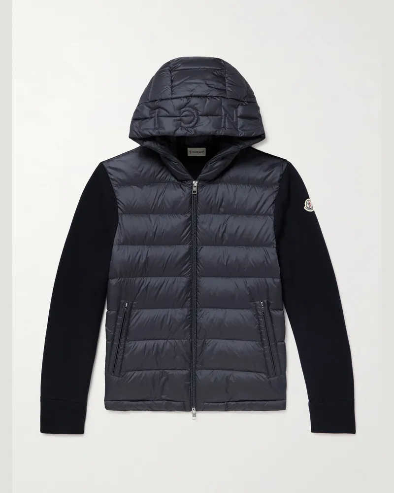 Moncler Cardigan aus Wolle und gestepptem Shell mit Daunenfüllung, Reißverschluss und Logoapplikation Blau