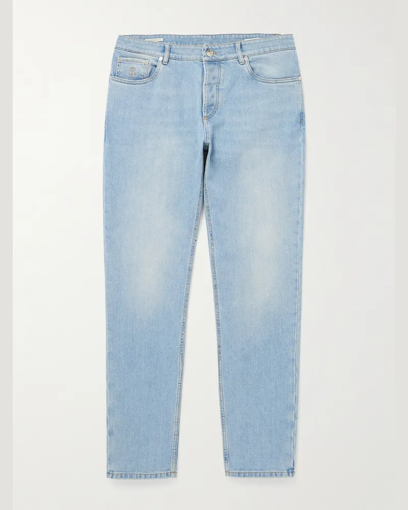 Brunello Cucinelli Schmal und gerade geschnittene Jeans mit Logostickerei Blau