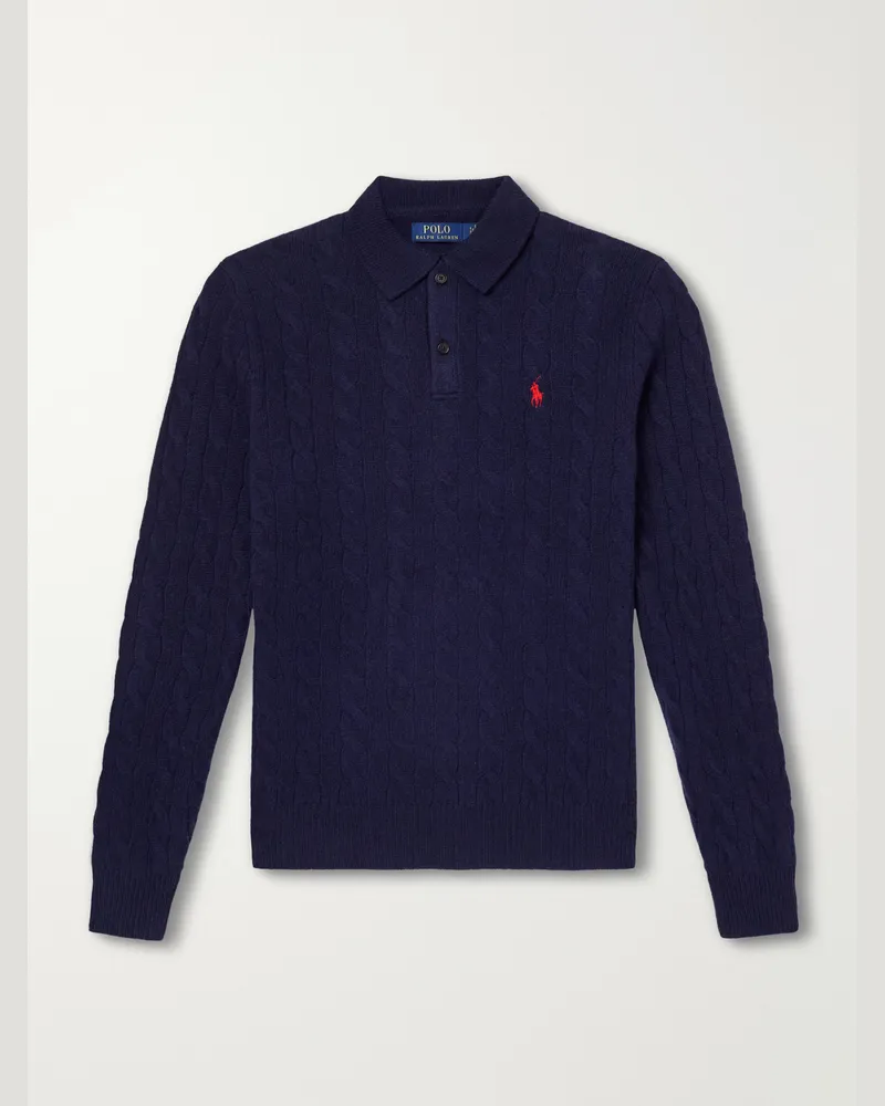 Ralph Lauren Cable-Knit Wool and Cashmere-Blend Polo Sweater Blue
