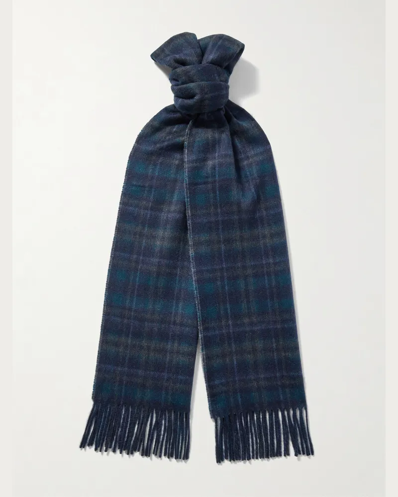 Johnstons of Elgin Reversible Fringed Checked and Herringbone Cashmere Scarf Blue