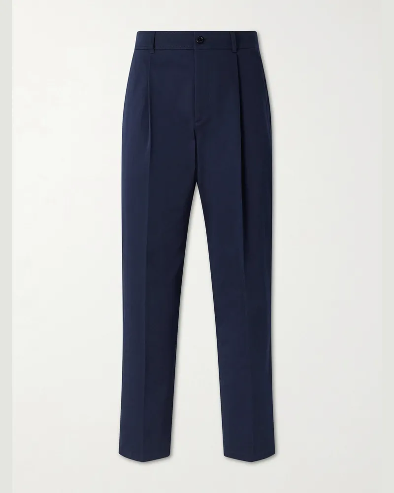 Valentino Garavani VLogo Straight-Leg Pleated Cotton-Gabardine Trousers Blue