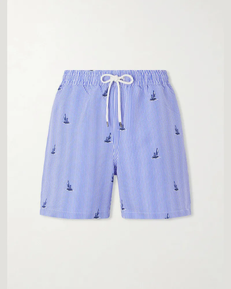 Ralph Lauren Striped Straight-Leg Mid-Length Recycled-Seersucker Swim Shorts Blue