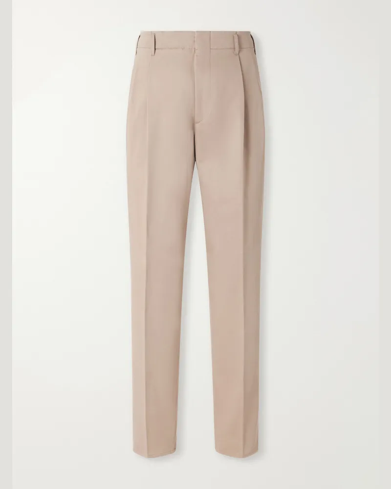 Brunello Cucinelli Tapered Pleated Cotton-Twill Trousers Neutrals