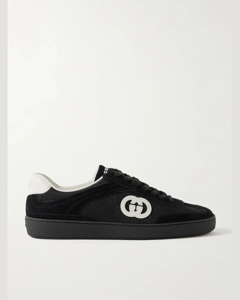 Gucci G75 Leather-Trimmed Suede and Monogrammed Canvas Sneakers Black