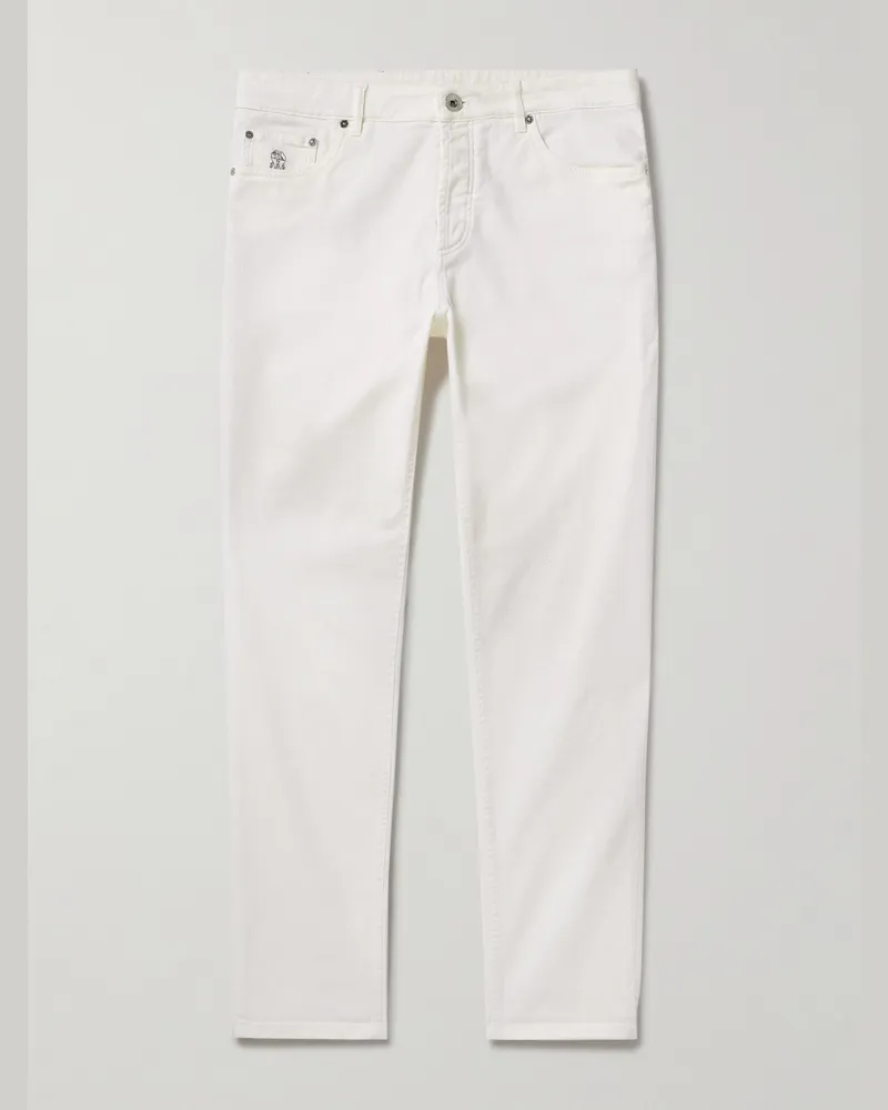 Brunello Cucinelli Slim-Fit Straight-Leg Logo-Embroidered Jeans White