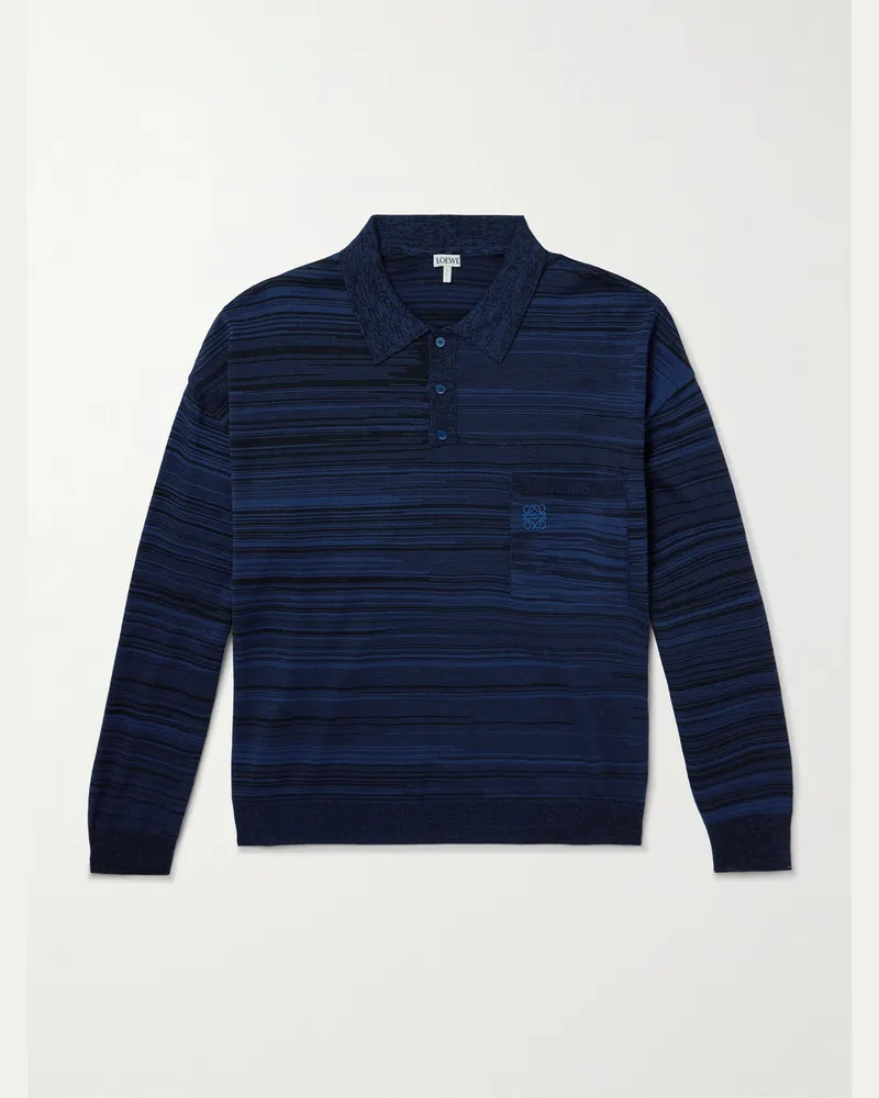 Loewe Logo-Embroidered Space-Dyed Wool Polo Sweater Blue