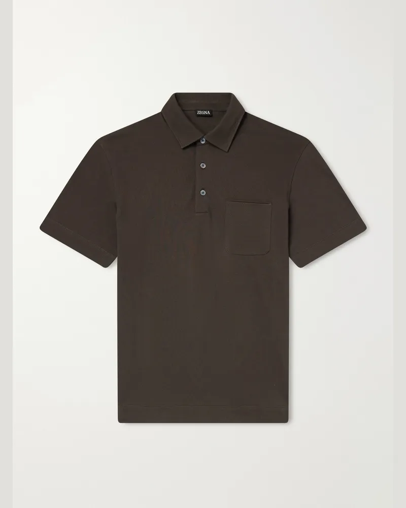 Ermenegildo Zegna Leather-Trimmed Cotton-Piqué Polo Shirt Green