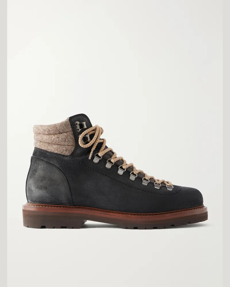 Brunello Cucinelli Waxed-Suede Hiking Boots Black