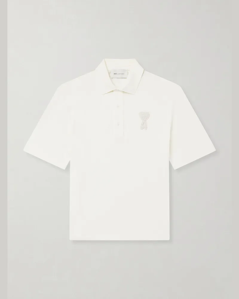 AMI Paris Logo-Appliquéd Cotton-Piqué Polo Shirt White