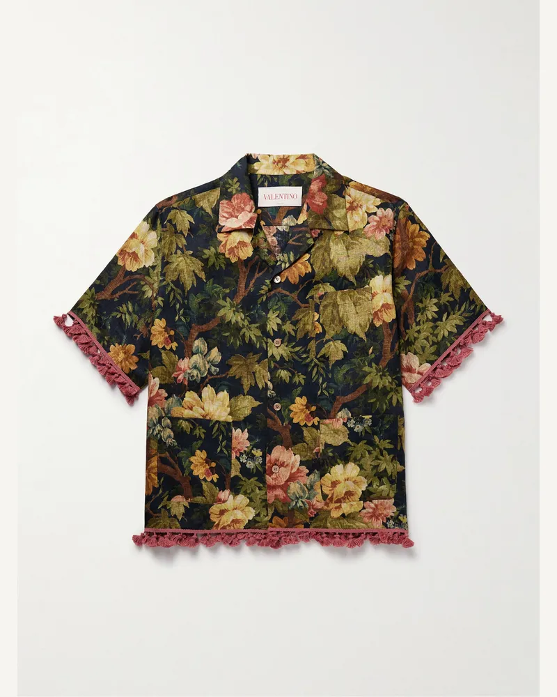 Valentino Garavani Hemd aus Leinen mit Blumenprint, Troddeln und Reverskragen Grün